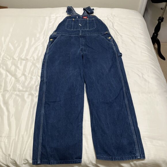 Dickies Bib Overalls Mens 40x30 Blue Denim Carpenter Workwear Utility Pockets - Picture 1 of 9